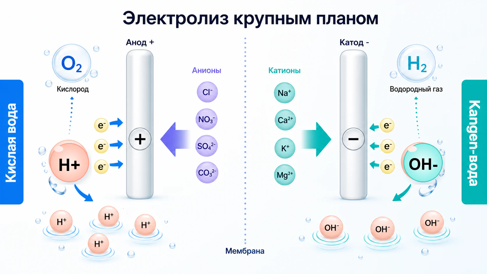 Крупный план электролиза воды: анод, катод, ионы и молекулярный водород
